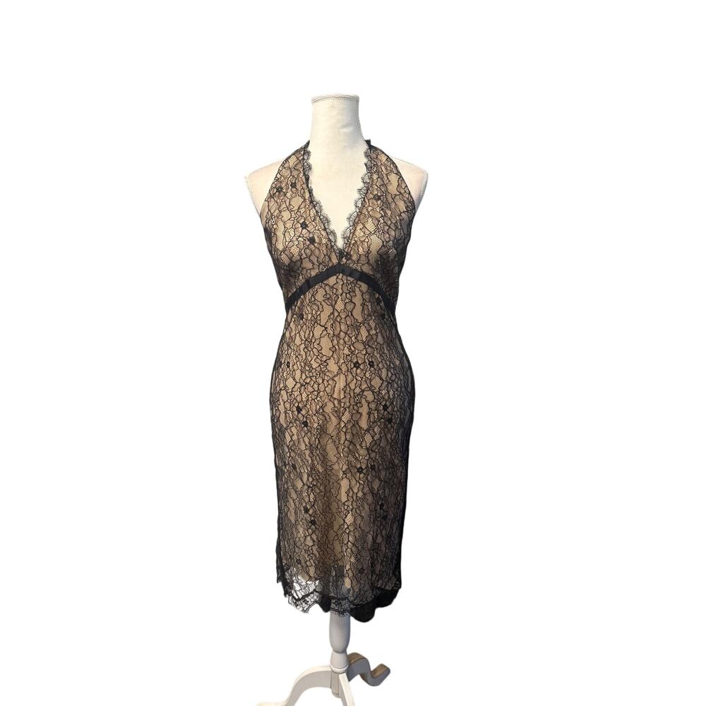 elie tahari women’s halter v neck lace nude black dress fitted cocktail sz 8